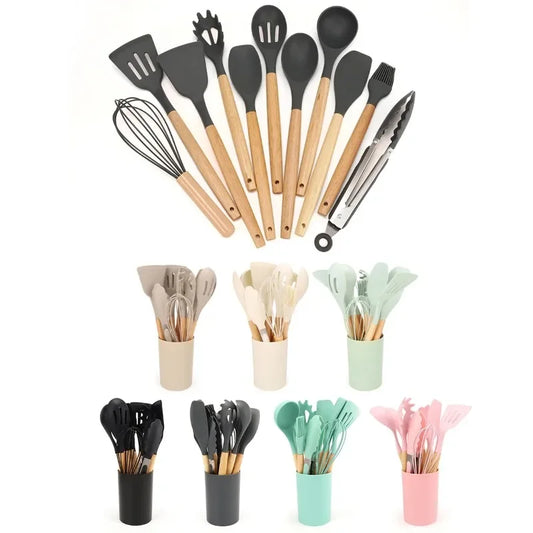 12Pcs/Set Wooden Handle Silicone Kitchen Utensils & Storage bucket