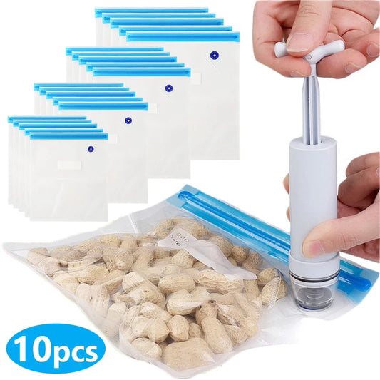 10Pcs/Set + Air Pump Food-Safe Vacuum Bags With Air Valve & Air Pump Reusable Food Storage