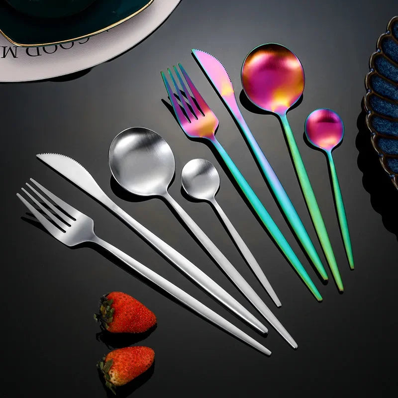 30Pcs/Set Cutlery Dinnerware Tableware Set Various Colors Stainless Steel Silver Gold Black