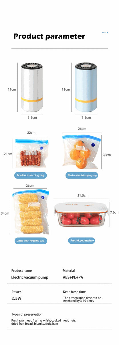 Electric Vacuum Sealer Pump USB Rechargeable + 5Pcs Reusable Vacuum Food Bags